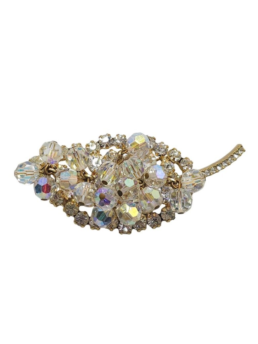 Juliana D&E Aurora Borealis Leaf Brooch Gold Tone Rhinestones Crystal Beads